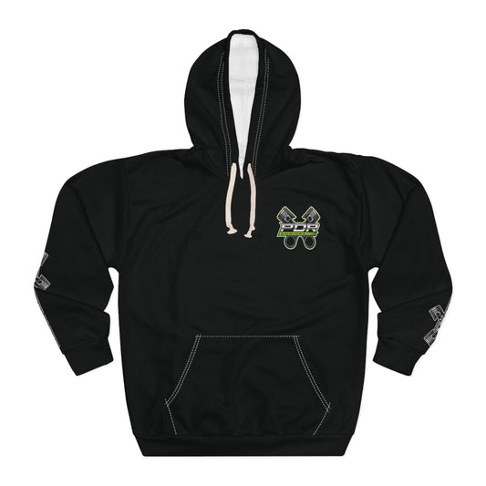 Edgy Black Unisex Pullover Hoodie with Graphic Design