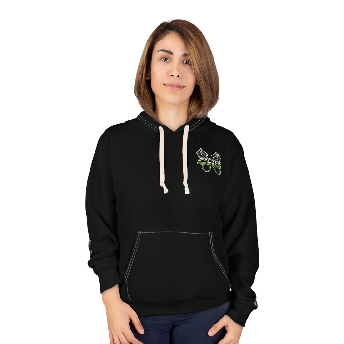 Edgy Black Unisex Pullover Hoodie with Graphic Design