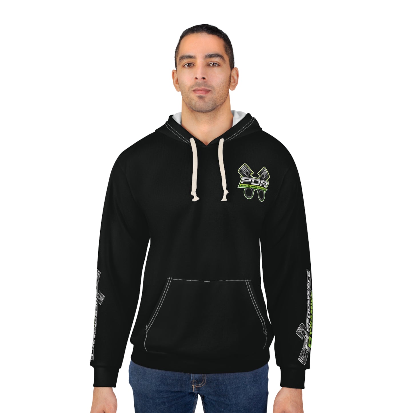 Edgy Black Unisex Pullover Hoodie with Graphic Design